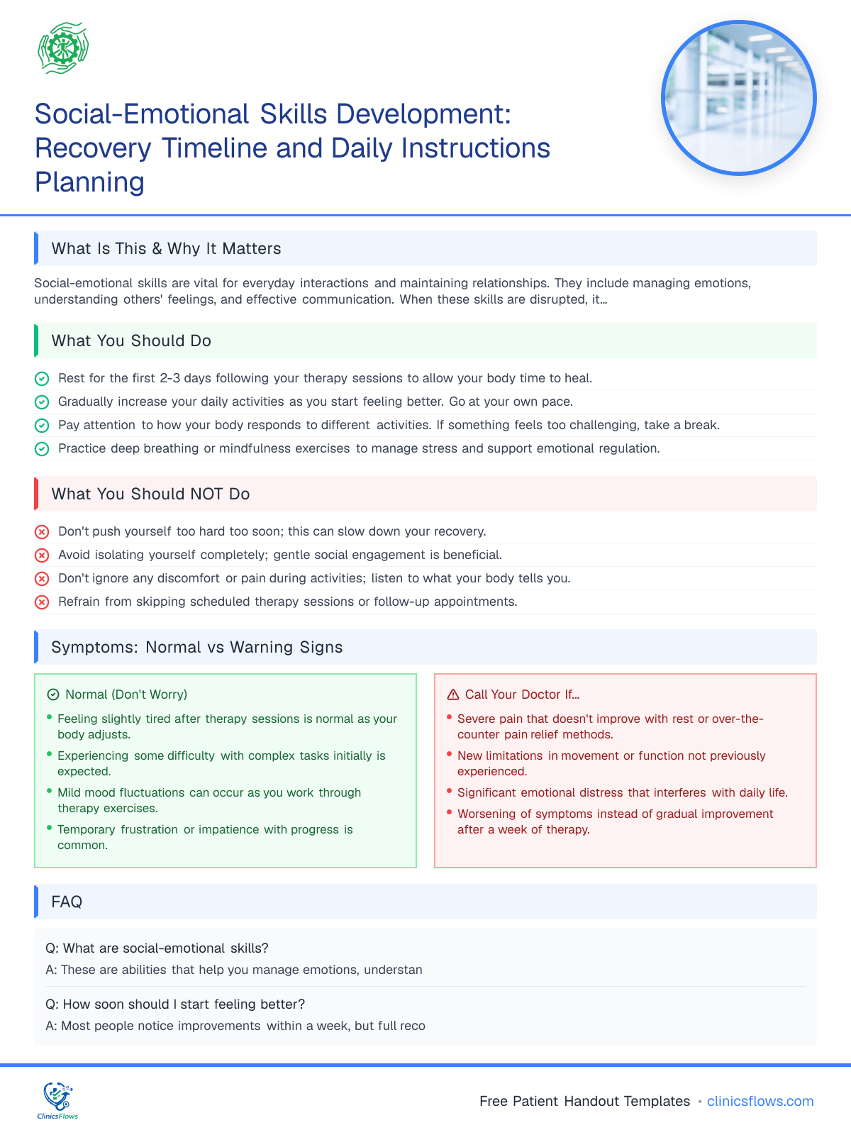 Social-Emotional Skills Development: Recovery Timeline and Daily Instructions Planning - patient handout preview